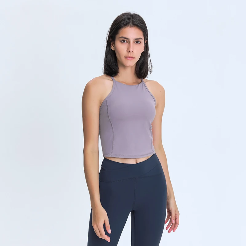 

high neck workout crop women's tank tops with built in bra, Multiple color