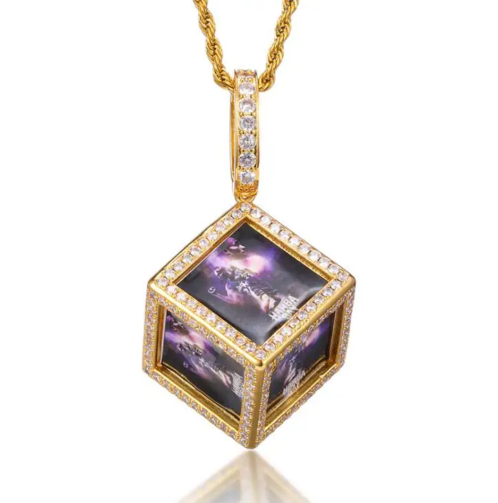 

Novelty Design Hip Hop Ice Out Pictures Jewelry Custom 6 Sides Cube Photo Pendants Medallions Necklaces