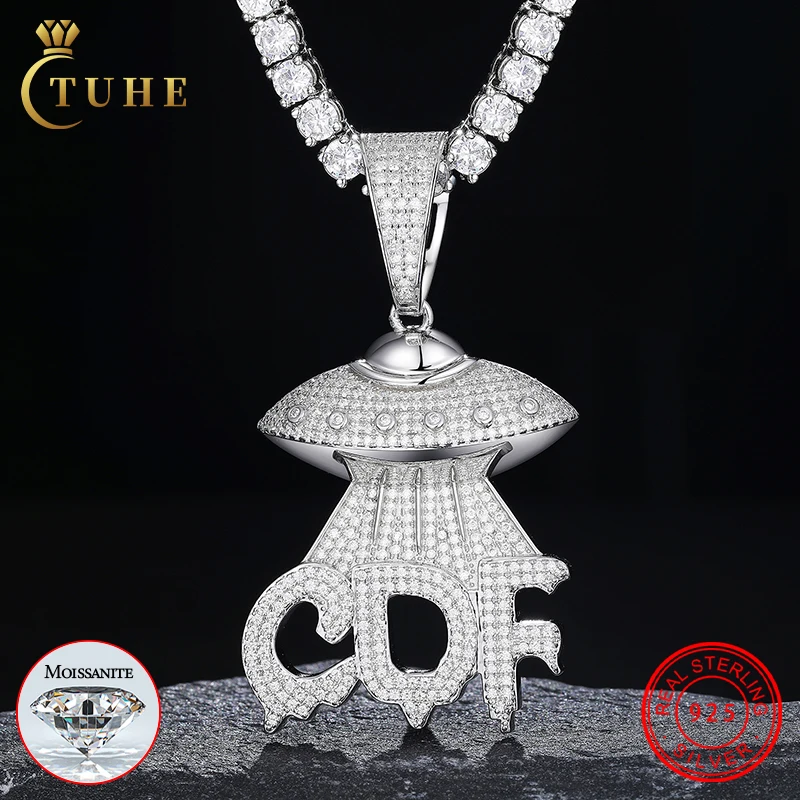 

New Arrival Rapper's Jewelry 18K Gold Plated 925 Sterling Silver VVS Moissanite Iced Out UFO Letter CDF Pendant For Men