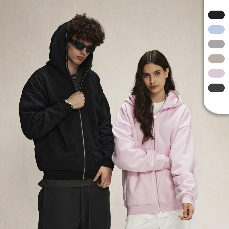 Custom Logo 430G Fleeced Poly Cotton Full Zip up Heavyweight Hoodie Manufacturer Unisex Winter Zipper Luxury Hoodie