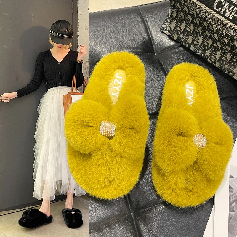 

Hot-selling 2021 winter ladies home flat sandals women bowknot fashion fur slippers, Black,beige,yellow,blue,brown