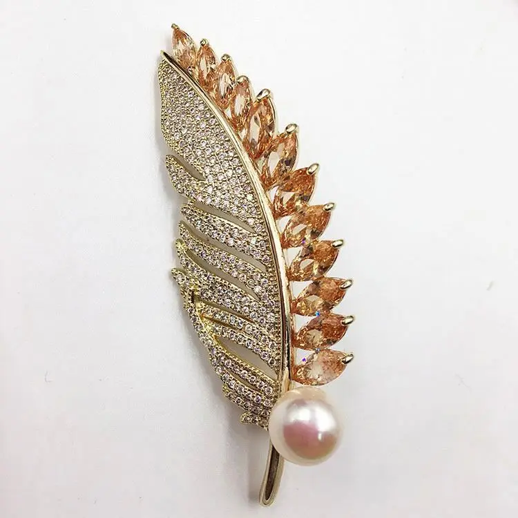 

Wholesale Muslim Scarf Needle Hijab Safety Pins feather shape pearl Brooch