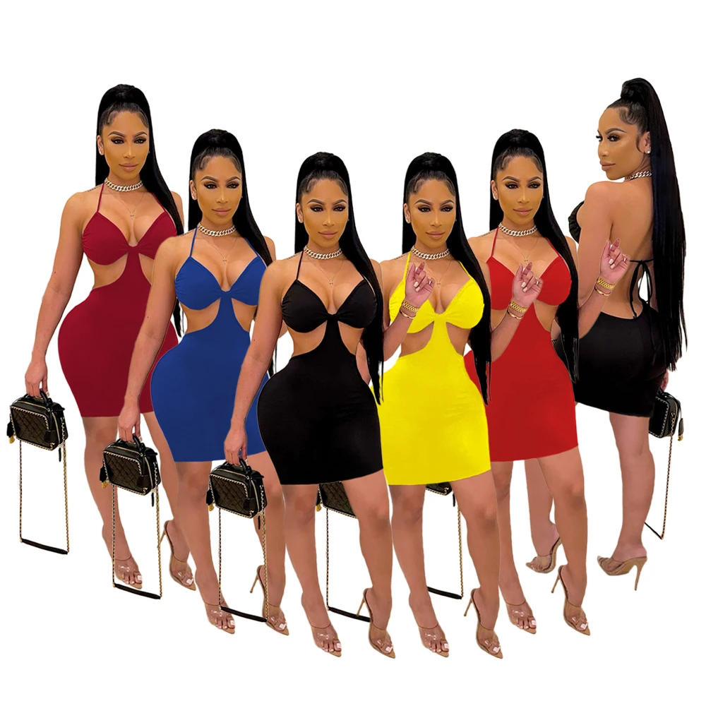 

2021 Summer New Dress Woman Sexy Fashion Trend Hanging Neck Nightclub Pure Color Temperament trap MSC7255