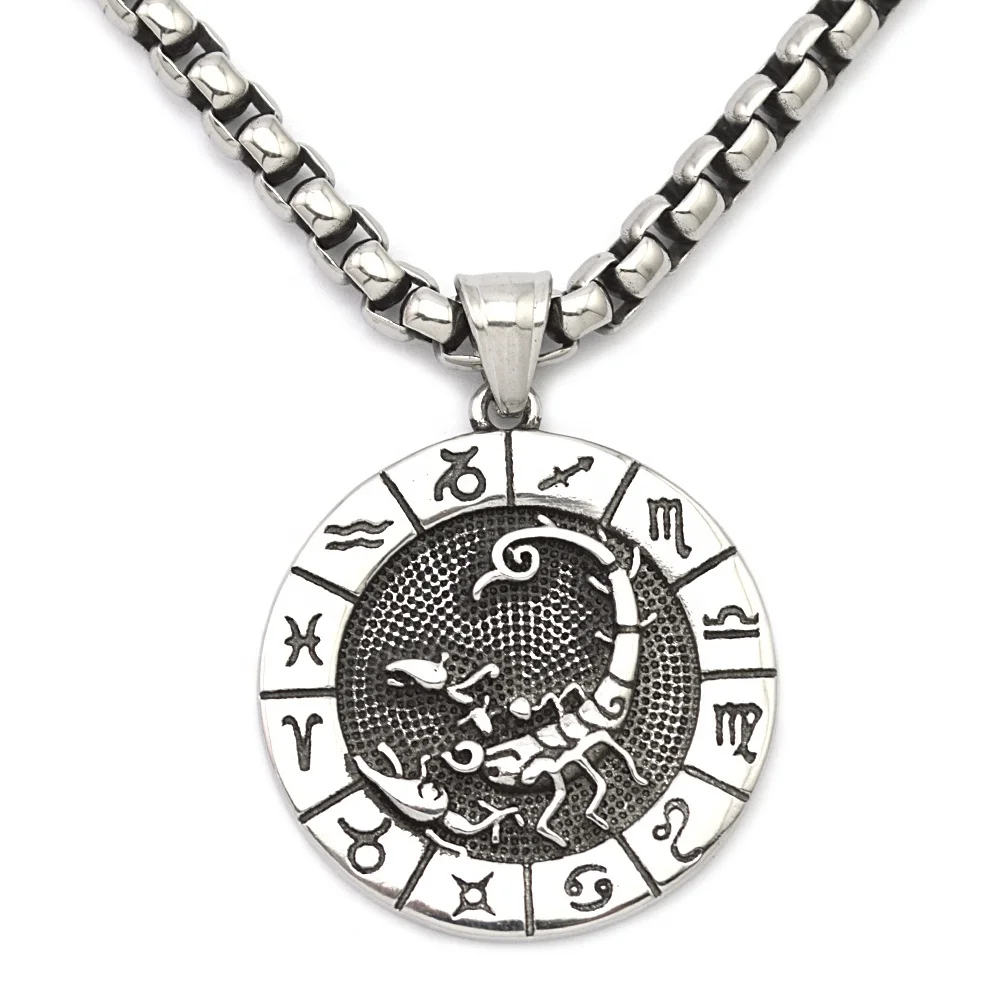 

Personalized Wholesale Jewelry Custom Horoscope Coin Pendant Vertical Zodiac Sign Zodiac Necklace Antique Silver Stainless Steel