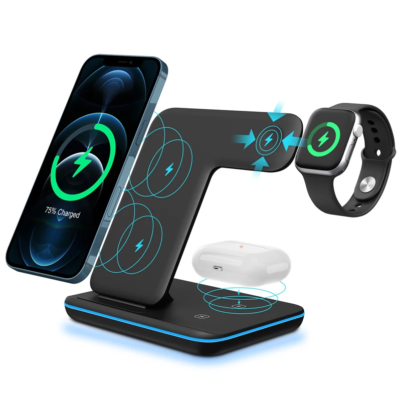 

2021 wireless charging station for multiple devices 3 in 1 charging stand with lamp 15W fast charging for iphone airpods iwatch, White/black