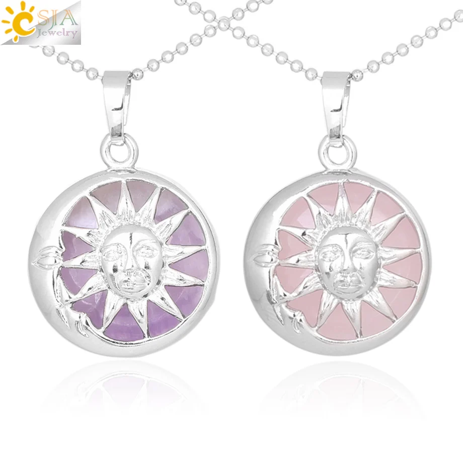 

CSJA 2020 fashion statement necklace natural crystal moon and sun quartz gemstone pendant necklace healing balance jewelry F372