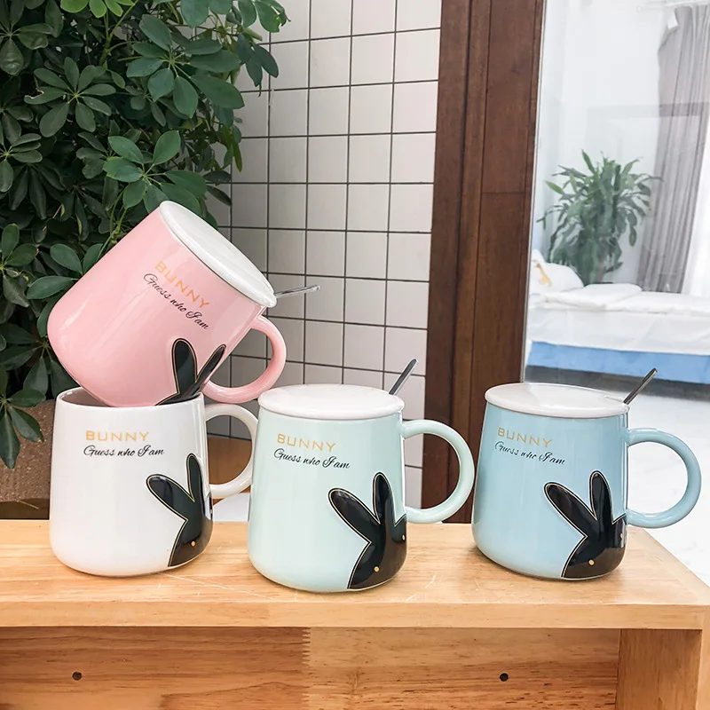 

3D embossed cartoon rabbit color glaze ceramic female student couple cup, Black and white