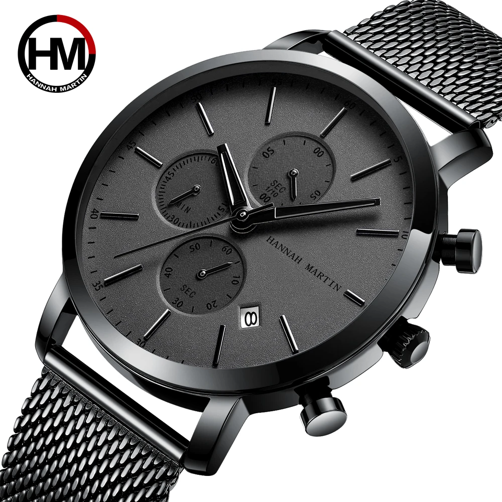 

HANNAH MARTIN HM-109 Famous Brand Quartz Chrono Date Stainless Steel Band Custom Logo Watch Men Luxury