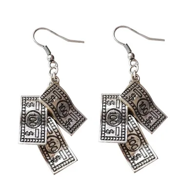 

Fashion Dollar Bills Long Drop Earrings Vintage Baroque Style Silver Plated Paper Money Tassel Earrings For Women Ladies, Pciture shows