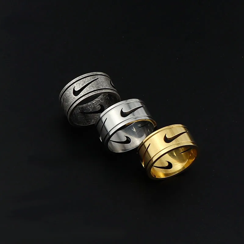 

New Hip Hop Swoosh Jewelry Round Dainty Chunky Rings Engraved Tick Men Stainless Steel Gold Plated Engagement Wedding Ring