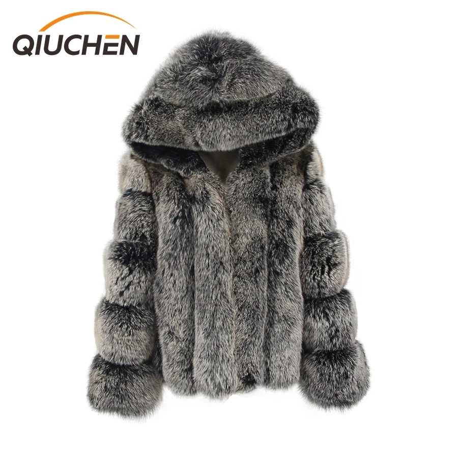 

QIUCHEN- QC1888 new model women real fox fur coat long sleeves hood coat genuine fox outfit high quality