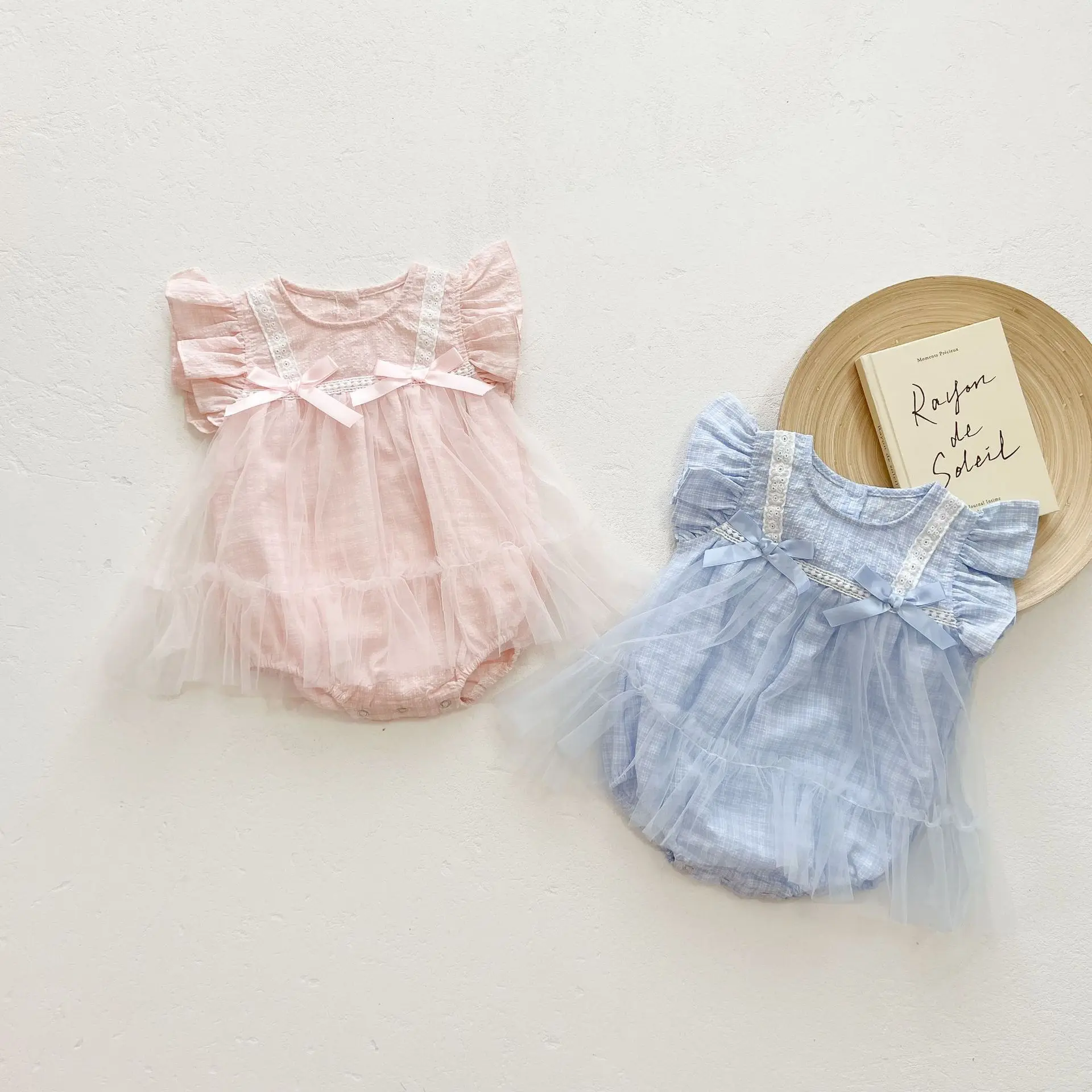 

2022 Summer Infant baby fly SLEEVE bodysuit jumpsuit baby girl romper lace bow mesh bag fart dress climbing suit