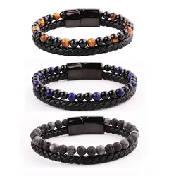 High Quality Men Jewelry Bracelet Natural Stone Handmade Stainless Steel Magnet Clasp Real Genuine Leather Bracelet Men