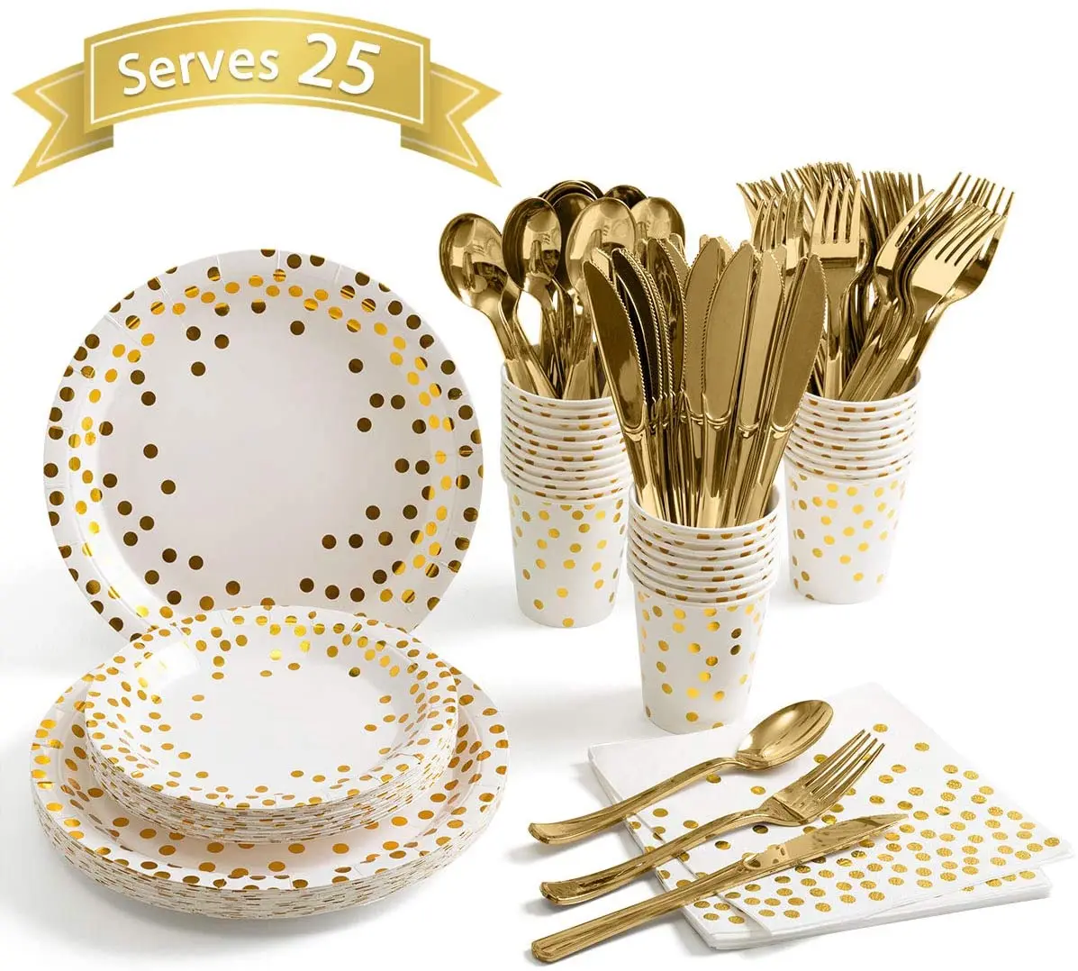 

White and Gold Party Supplies Disposable White Paper Plates Cups Napkins Dinnerware Set Golden Dot Theme Party Plate Set, As picture