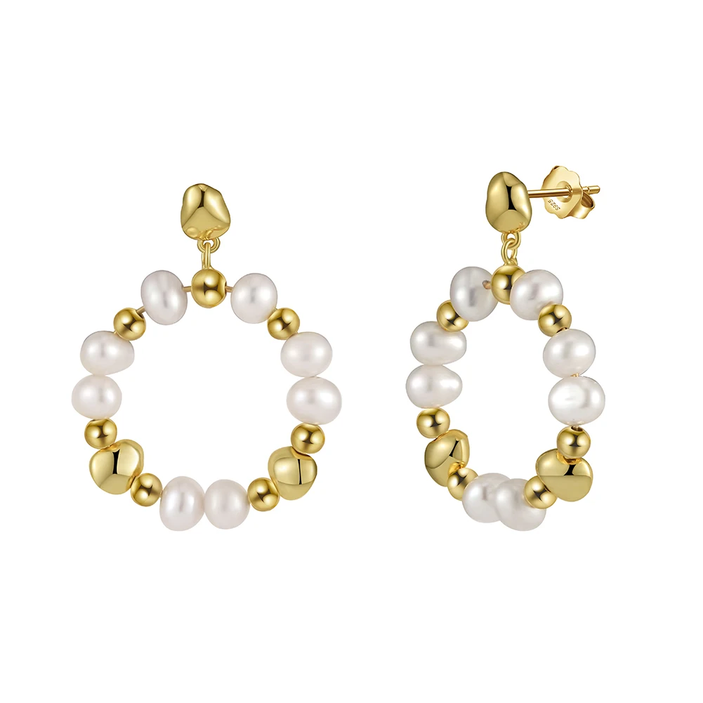 GPE77 14K Gold Plated Freshwater Pearl Dangle Earrings Hypoallergenic Vintage Pearl Circle Pendant Drop Earring for Women Girls