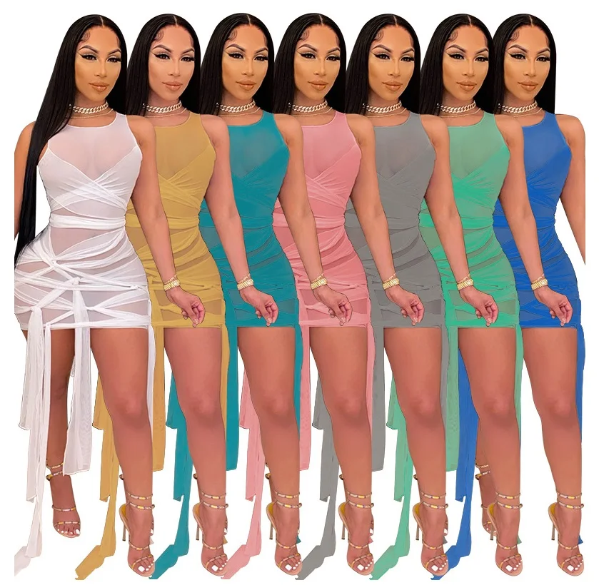 

M5387 - fashion sexy women sleeveless mesh strap solid women mini dresses