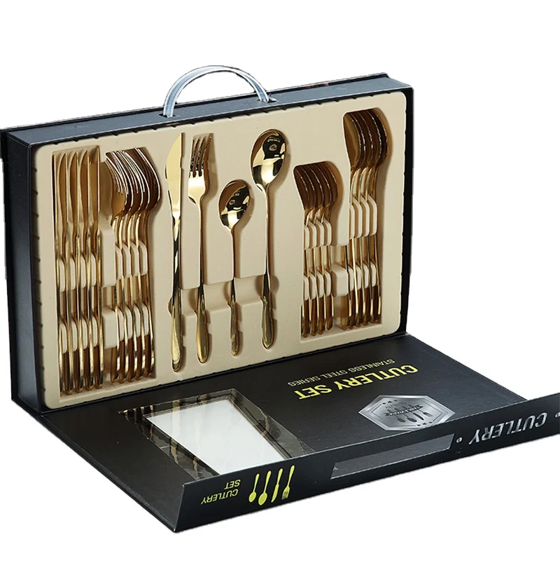 

Amazon Hot Selling 24pcs 30pcs Stainless Steel 304 Cutlery with Thick cardboard Box, Silver, gold, rose gold, black, rainbow, blue, purple