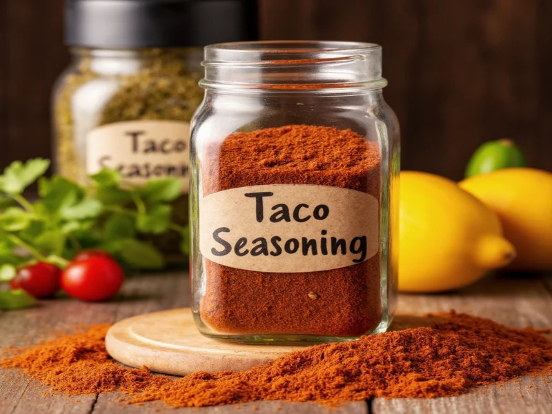 Homemade taco seasoning in glass jar with spice labels