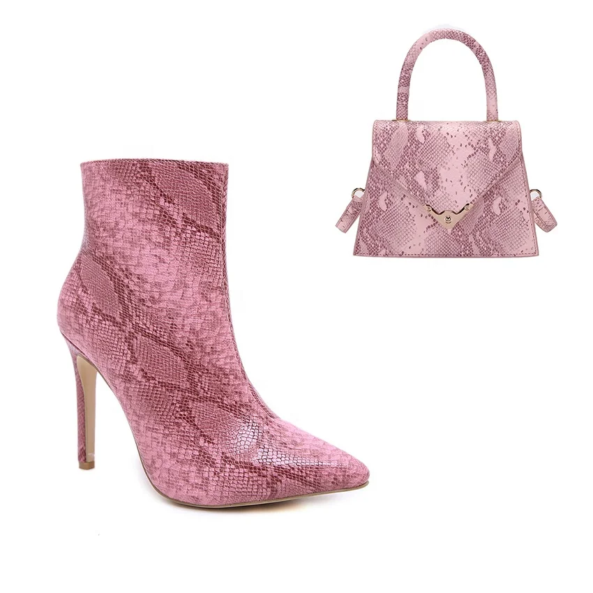 

New Snake Skin Women Matching Shoe And Bag Set Hot Selling Pink Black High Heel Ankle Boots Party Purse Sexy Shoes Handbags Sets, Pink \grey