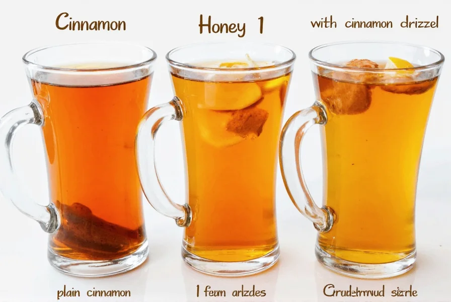Three clear mugs showing different cinnamon tea variations: plain cinnamon, cinnamon with lemon slices, and cinnamon with honey drizzle
