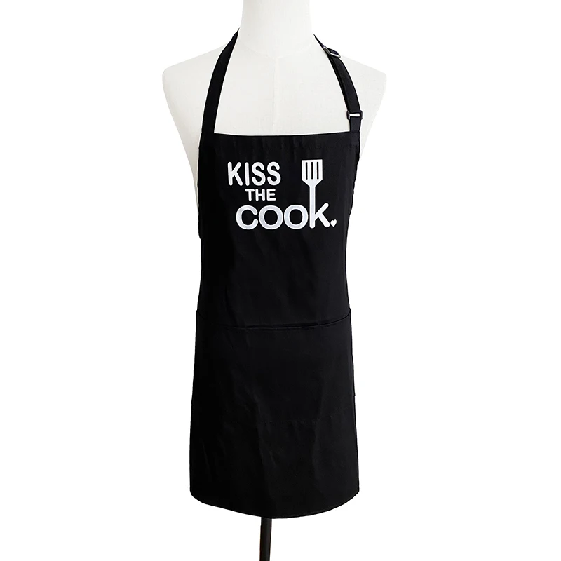 

Custom Printed Logo Adjustable Neck Tie Black Cotton Cooking Kitchen Apron With 3 Pockets, Black,or customized