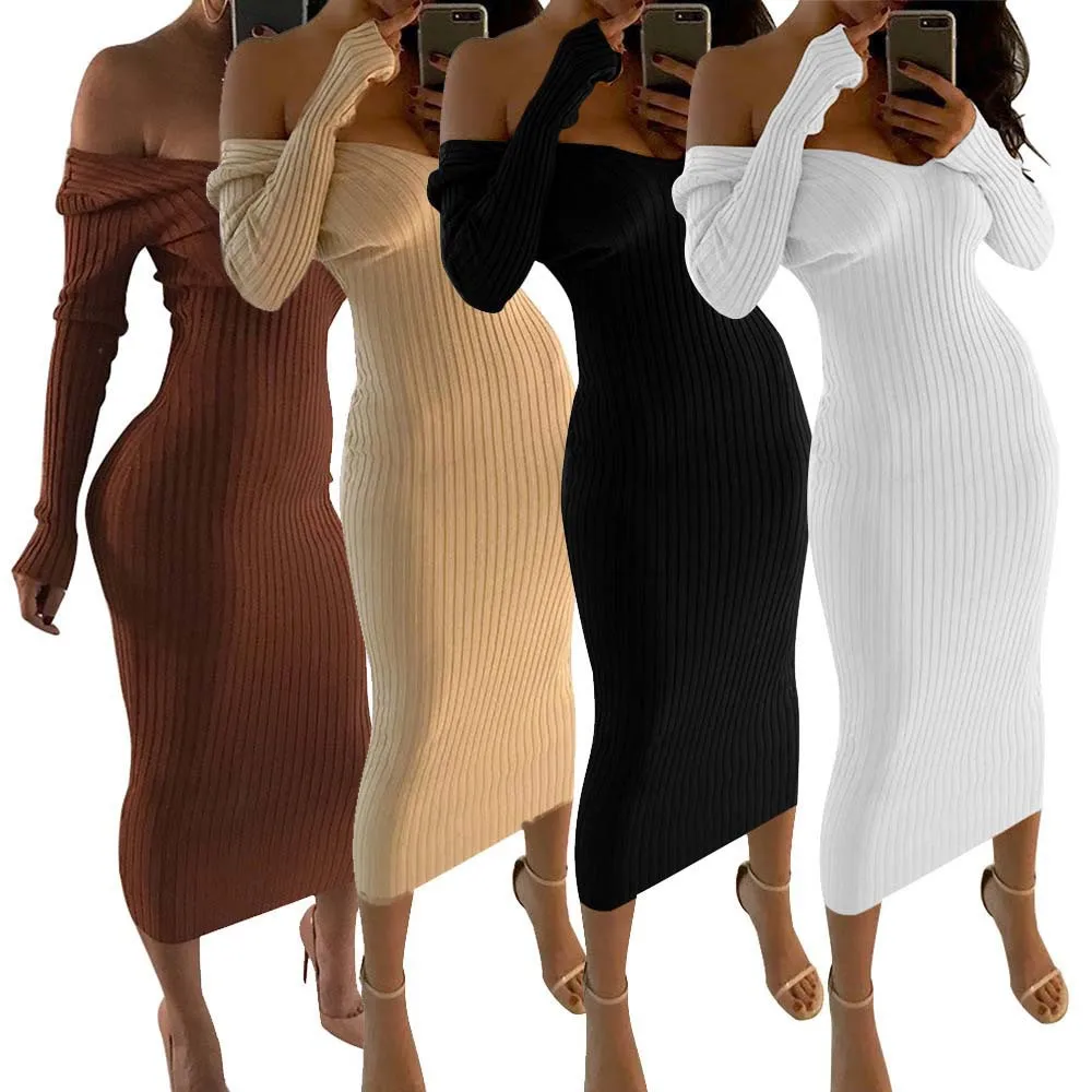 

New Fashion Ladies Dress Mujer Off Shoulder Striped Sweater Knit Bodycon Elegant Dress Sexy Long Sleeve Ropa De Invierno Women, Apricot/black/coffee/white