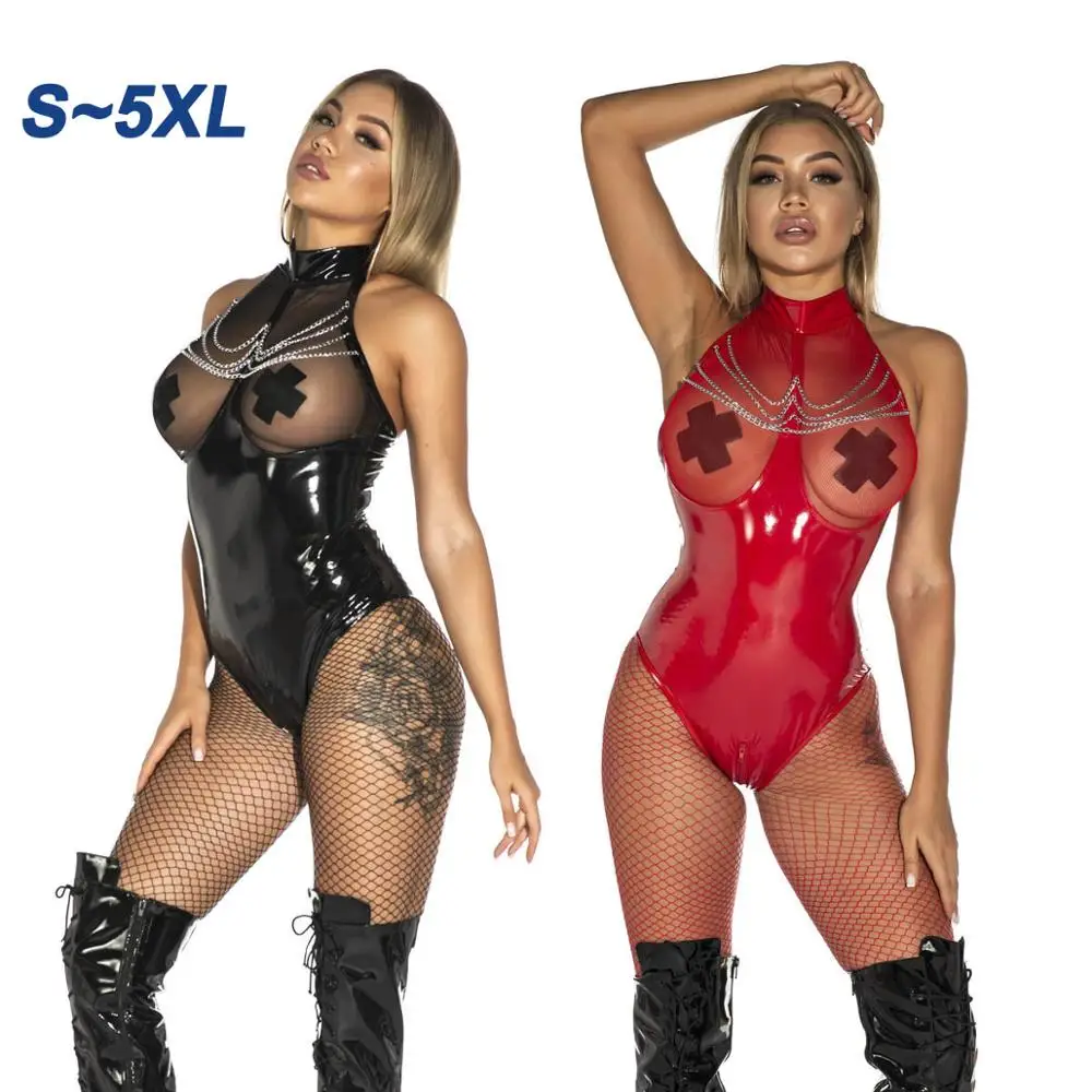 

Plus Size Faux PU Leather Bodysuits Shiny Leather Catsuit Pole Dance Night Clubwear Erotic Costumes Big Size 3XL 4XL 5XL