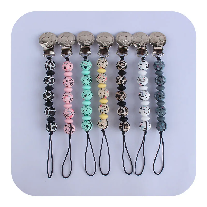 

Football Pacifier Clip Baby Creative Soother Leopard Print Silicone Bead Teether Pacifier Holder Anti-Drop Chain Dummy Clip M299