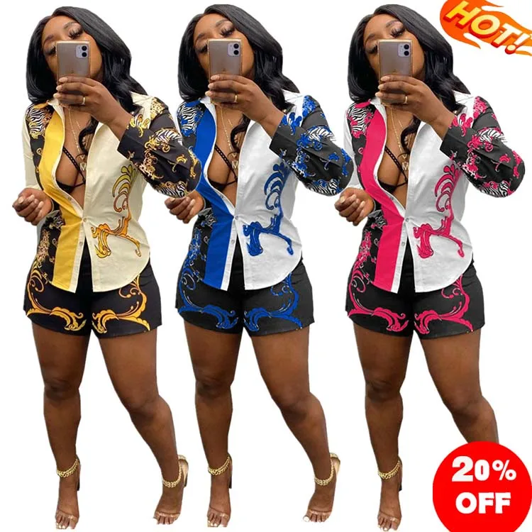 

2021 Women Outfit Plus Size Long Sleeve Print Shirts And Shorts 2 Piece Short Set Women fall Clothing