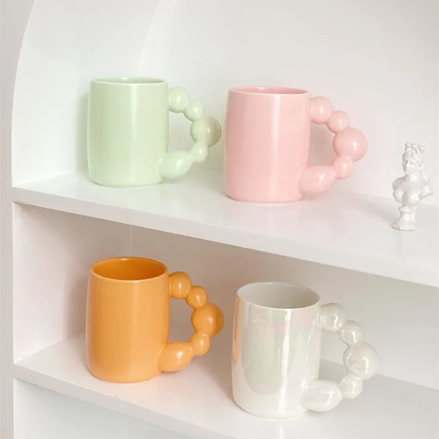 

Lelyi ins creative diagonal handle pearl ceramic mug Nordic light luxury home office cup, 4 colors available