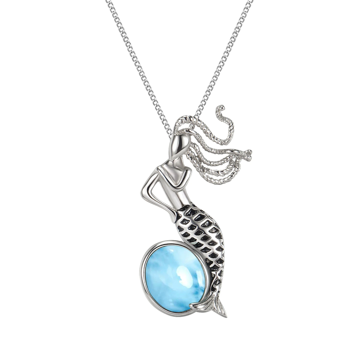 

925 Sterling Silver Sea Life Dominica Natural Larimar Mermaid Pendant