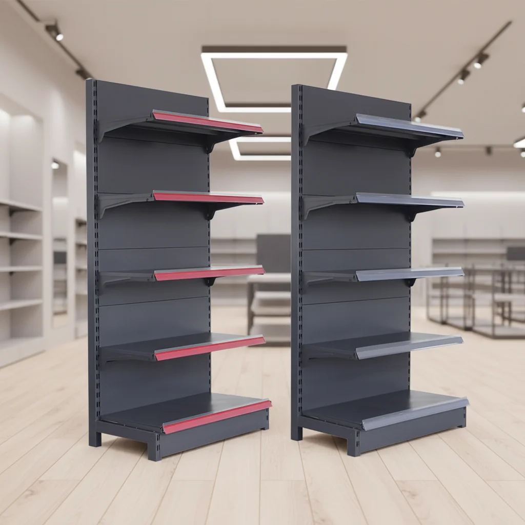 PFT Factory Custom Size Double-Sided Heavy Duty Epoxy Powder Coated Metal Grey Freestanding Supermarket Rack for Convenience