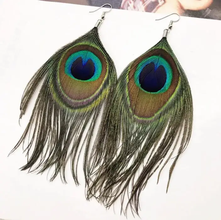 

Bohemian Retro Ethnic Wind Peacock Feather Long Earrings Fashion Tassel Female Gift jewelry, Green