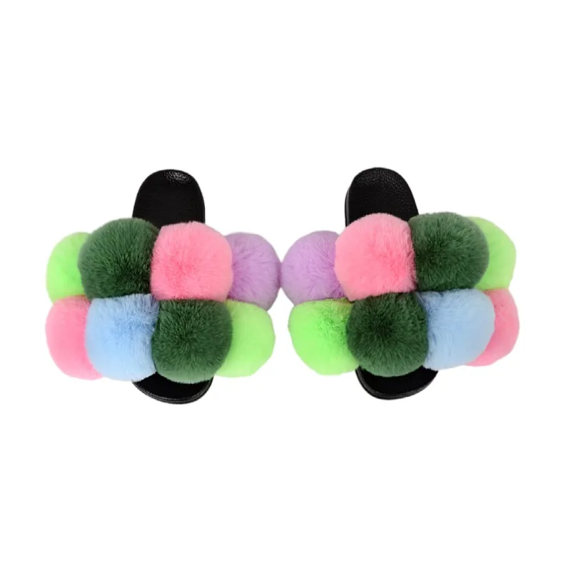 

ladies sandals designs custom fur slippers fur ball slides slippers for women, Red,blue ,green ,orange ,brown and so on