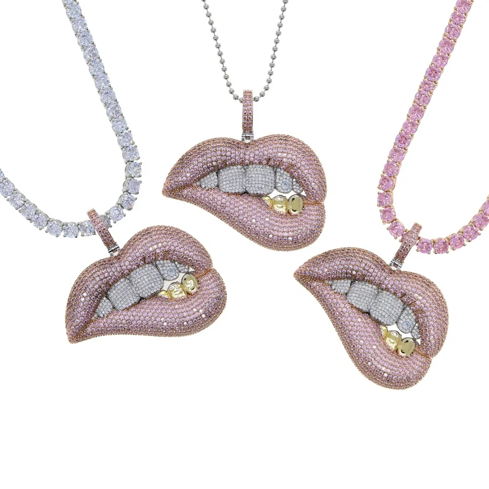 

Triple tone plated micro pave Pink cubic zirconia hip hop bling big Drip Lip Pendant necklace, Silver