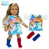 Explosion doll lace mid sleeve unicorn rainbow print dress wholesale doll clothes with sock