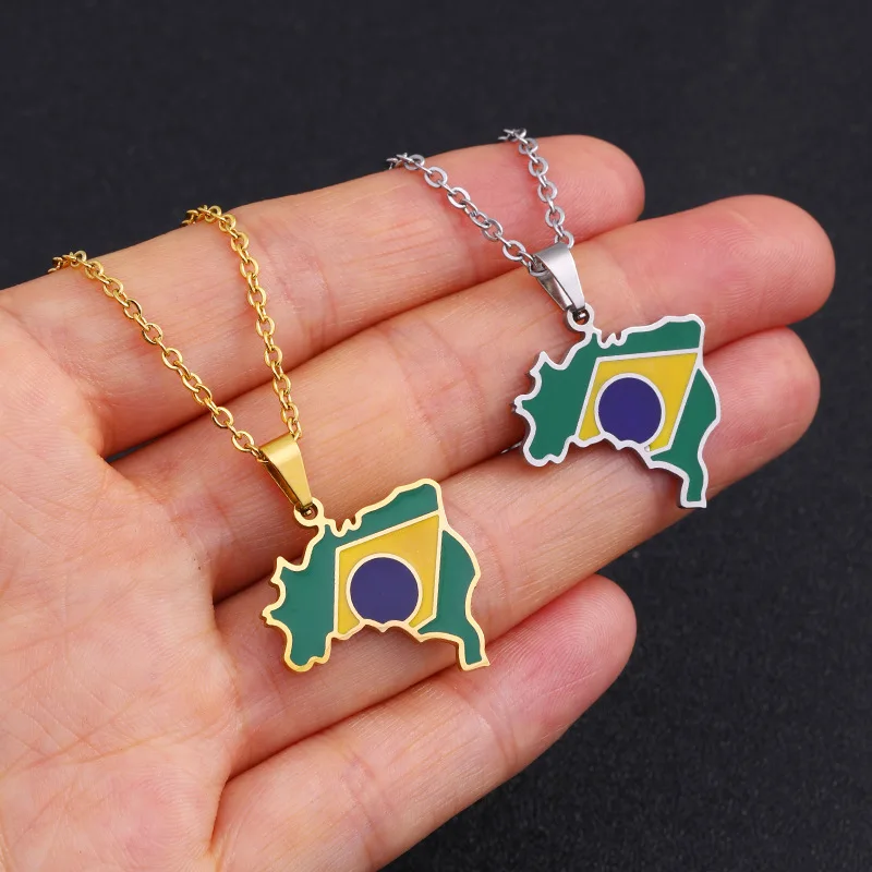 

Amazon Best Selling Stainless Steel Brazil Map Necklace Colorful Drop Oil Brazil Map Pendant Necklace For Party
