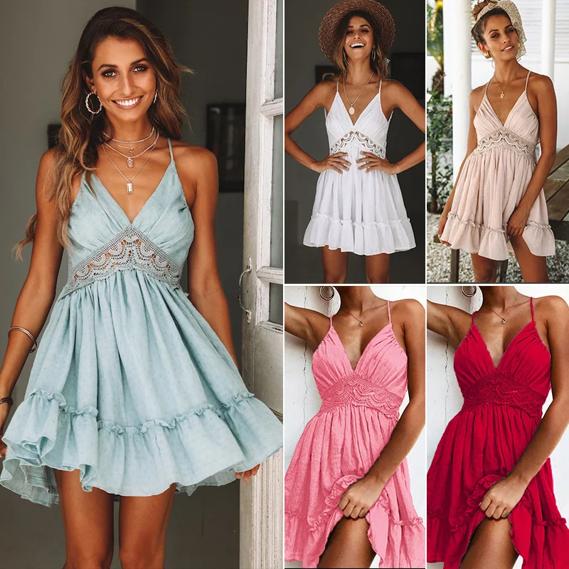 

Special Offer Sexy Halter Strap Waist Lace Skirt Spring and Summer New Hot Style Dress Summer, Picture color