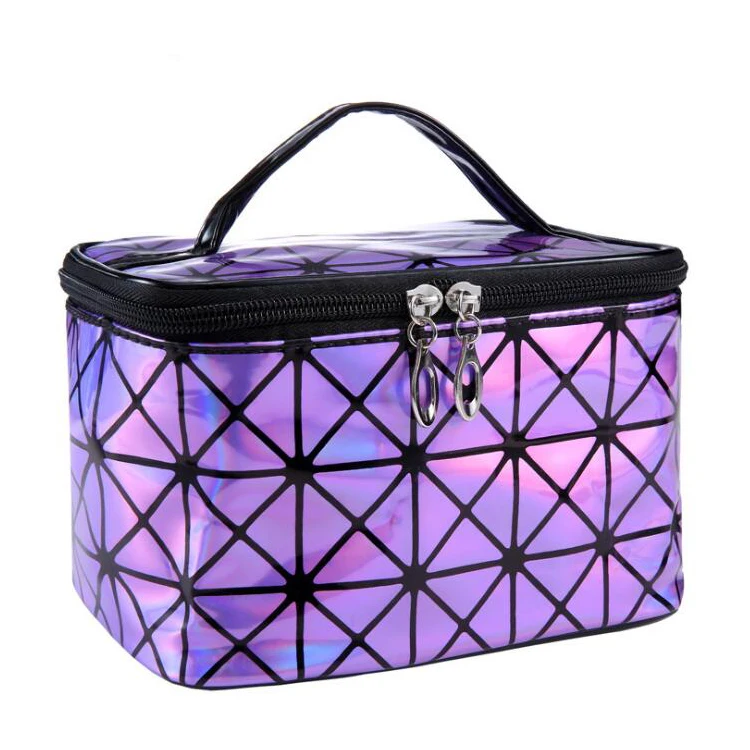

Functional Cosmetic Bag Geometric Hologram PU Leather Travel Flash Diamond Make Up Organizer Zipper Makeup Case Pouch, Accept customized color