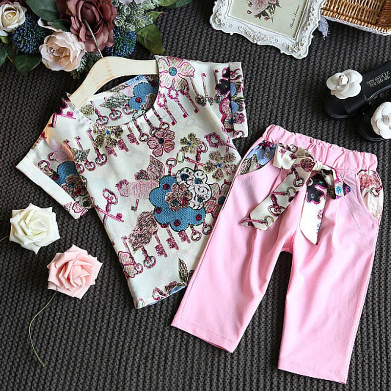 

2021 summer new product sets print cotton girls short sleeve + seven-point pants baby wholesale boutique girl clothing