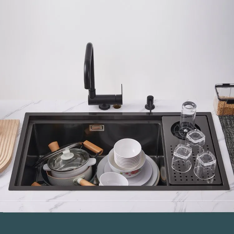 black-inset-kitchen-sink-model-13-large-single-bowl-full-cookware-load-pots-bowls-glasses