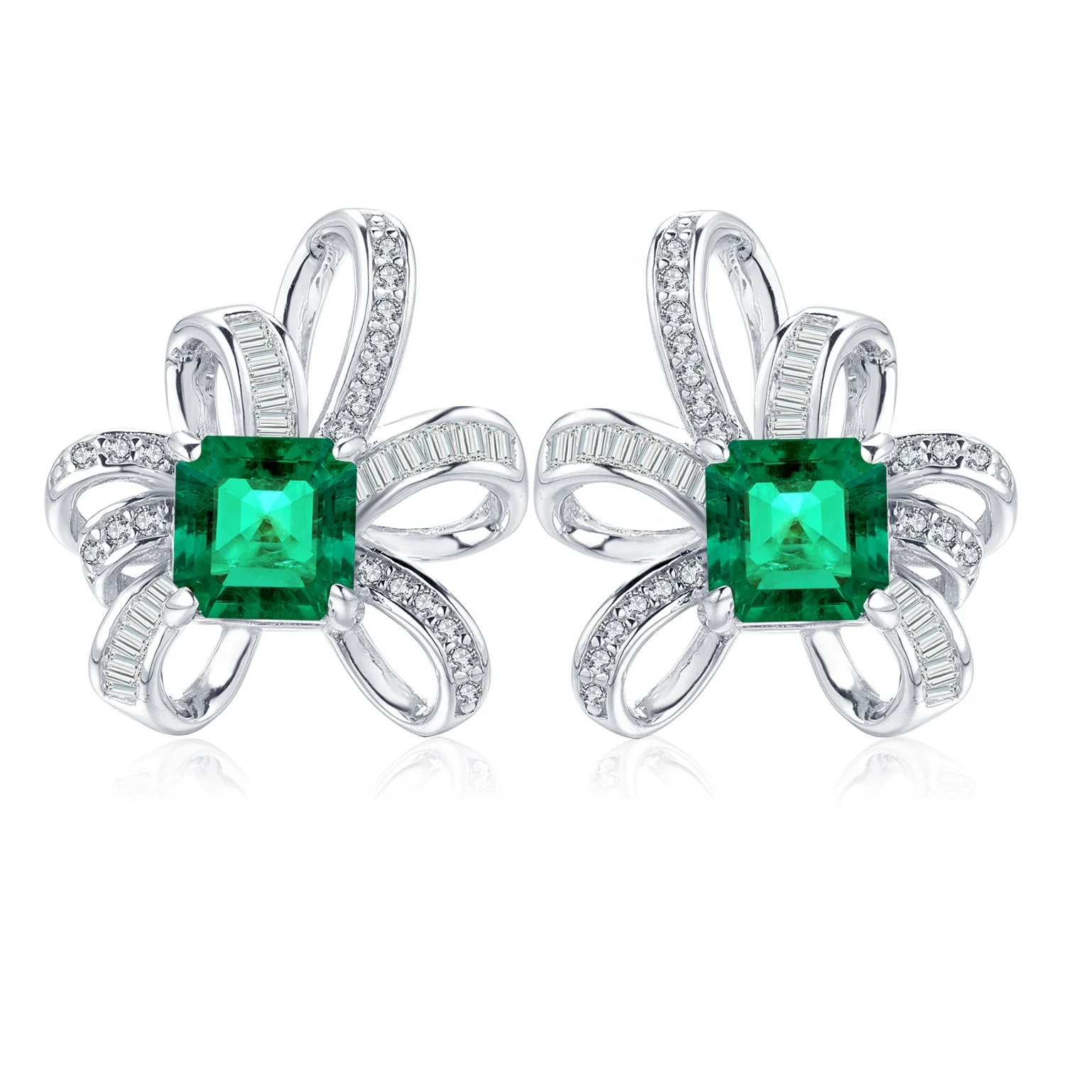 

New Arrival Fashion Jewelry Rhodium Plated 925 Sterling Silver Green Emerald Gemstone Earrings