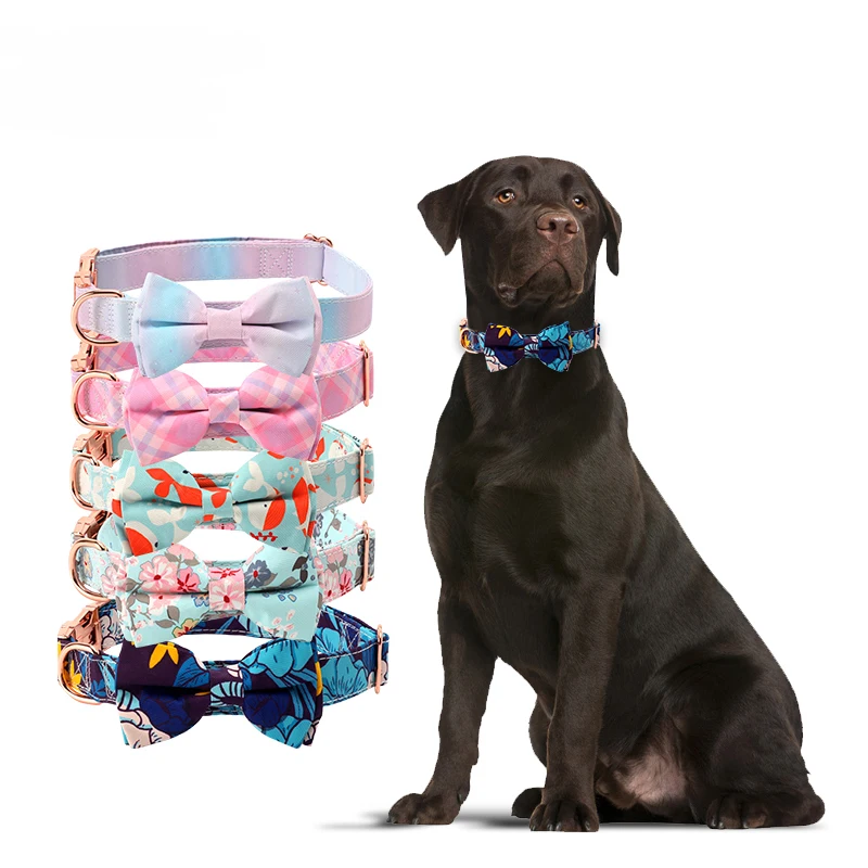 

Luxury Sublimation Pet Dog Collar In Bulk Rose Gold Metal Buckle Dog Collar With Bow Tie, Customized color