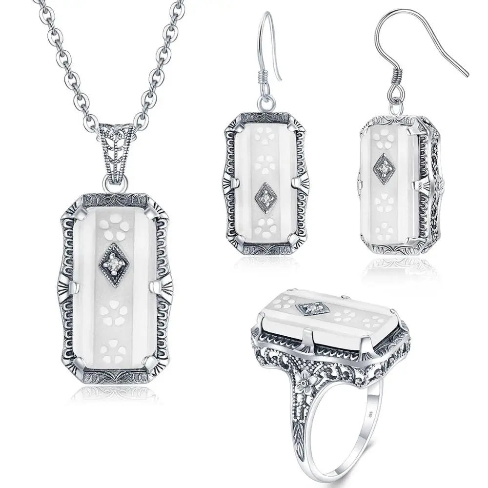 

Szjinao 925 Jewelry Set Undefined White Agate Pendant Earrings Ring Set Jewellery Turkish Silver Real 925 Sterling Silver Women