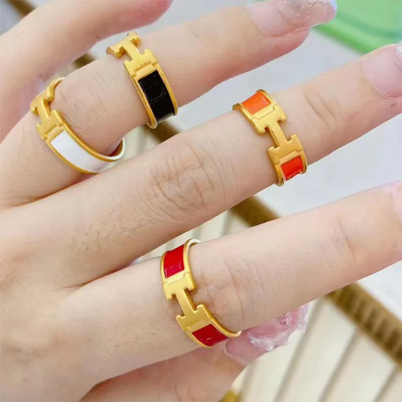 

Sand gold-plated 3D gold color ring red enamel color epoxy female fashion H letter open ring, Picture shows