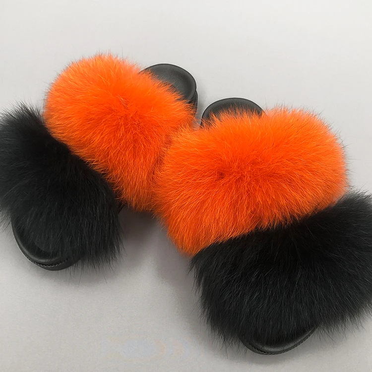 

Wholesale custom full fluffy real fur slippers double strap, Customized color