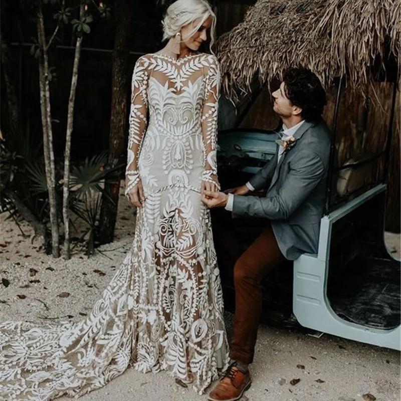 

#4055 2 Piece in 1 BOHO Bohemian Long Sleeve Backless Destination Lace Wedding Dress Wedding Shoot Post Bride Gown, Champagne/off white/white