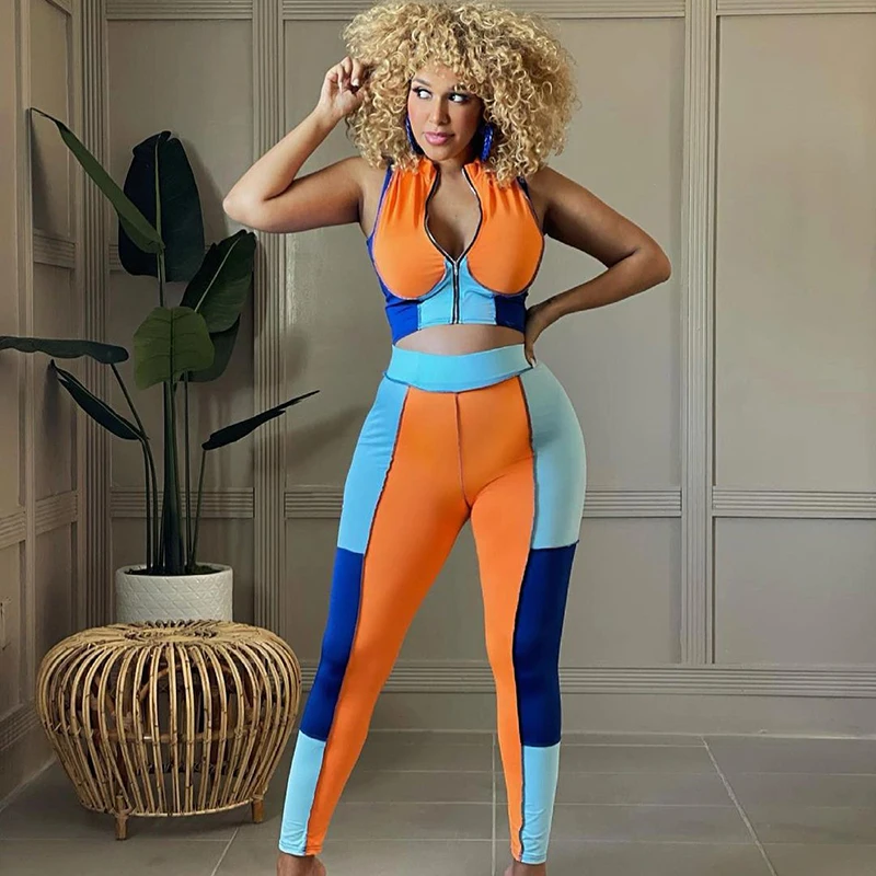 

2021 summer color contrast reverse T-shirt sports casual 2 piece pants suit set women clothing