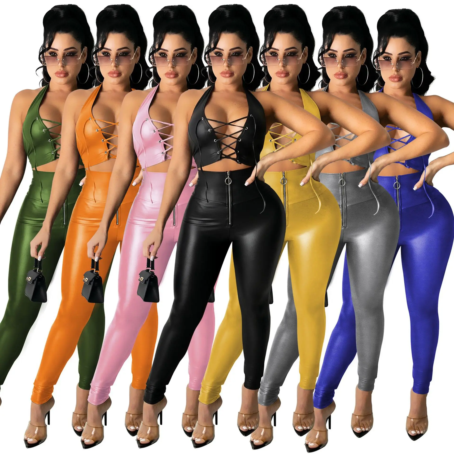 

Sexy Ladies Suit Leather Zipper Feet Leather Pants Vest PU Matching Outfit Street Wear Trousers Leather Outfits For Women, 7 colors