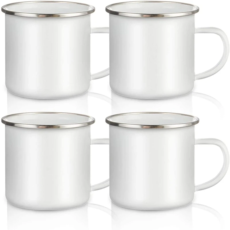 

Sublimation Blanks White Enamel Mug 12 OZ with Silver Rim Camping Travel Coffee Metal Mug